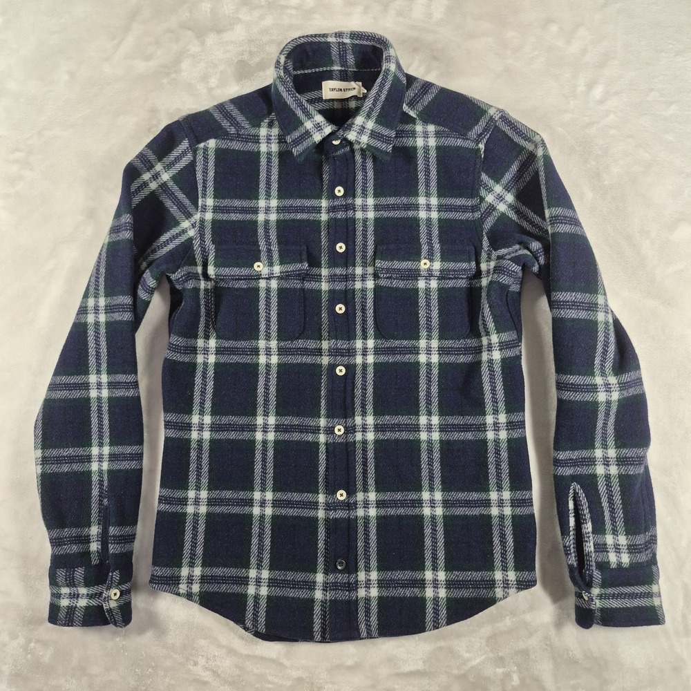 Taylor Stitch Leeward Over Shirt Men's 36 Blue Plaid Wool Blend Long Sleeve